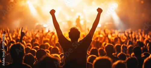 Capture the intensity of a live concert from a frontal view, showcasing the energy of the crowd and the artist in a dynamic composition, suitable for digital enhancement