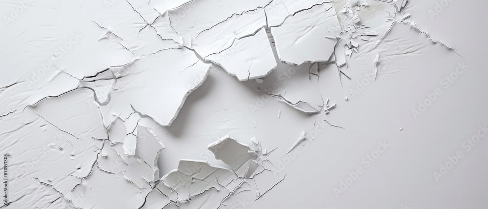 Obraz premium A detailed look at cracking white paint on a wall, revealing layers beneath and suggesting elements of decay, time, and transformation.