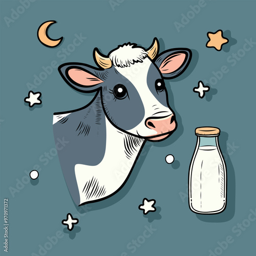 Cute cow. MU, Milk, Line. Doodle. Vector flat illustration