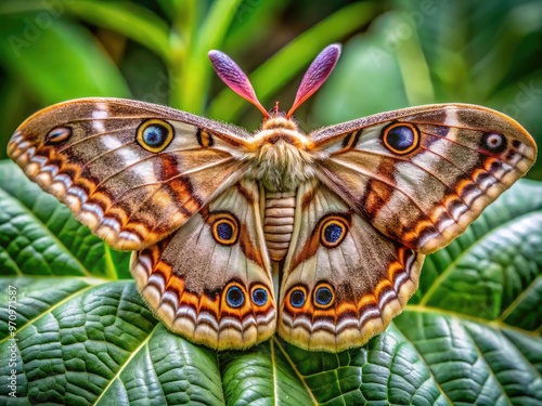 A gigantic moth with intricately patterned wings and furry antennae perches on a leaf, its large compound eyes shining brightly in the soft light.