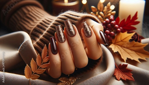 a hand with glittery brown nail polish resting on a soft beige fabric, surrounded by autumn leaves, golden decorations, and lit candles creating a warm, cozy atmosphere.