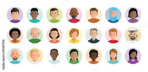 Illustrated flat simple characters social media profile images. Cropped headshots. Lots of diverse colorful  characters. Easy to edit.	