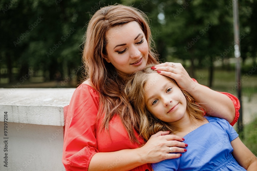 Obraz premium a woman and a little girl are sitting on a bench in a park
