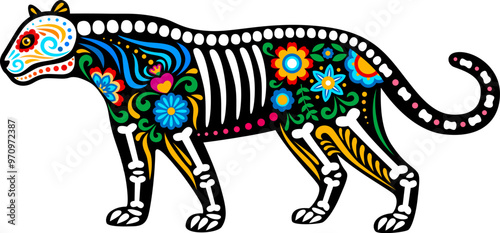 Day of the dead Mexican puma animal skeleton tattoo decorated in traditional Muertos style with colorful floral patterns and skeletal elements, captures Mexican culture, nature, celebration, heritage