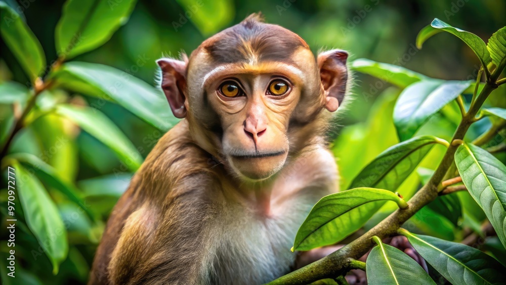 A handsome brown monkey with bright inquisitive eyes and soft fur, sitting calmly on a tree branch, surrounded by lush green leaves and vines. A handsome brown monkey with bright inquisitive eyes and soft fur, sitting calmly on a tree branch, surrounded by lush green leaves and vines.