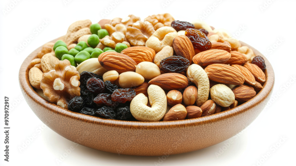 A bowl filled with a variety of nuts and dried fruits. It has cashews, walnuts, almonds, peanuts, raisins, black beans, and peas. A bowl filled with a variety of nuts and dried fruits. It has cashews, walnuts, almonds, peanuts, raisins, black beans, and peas.
