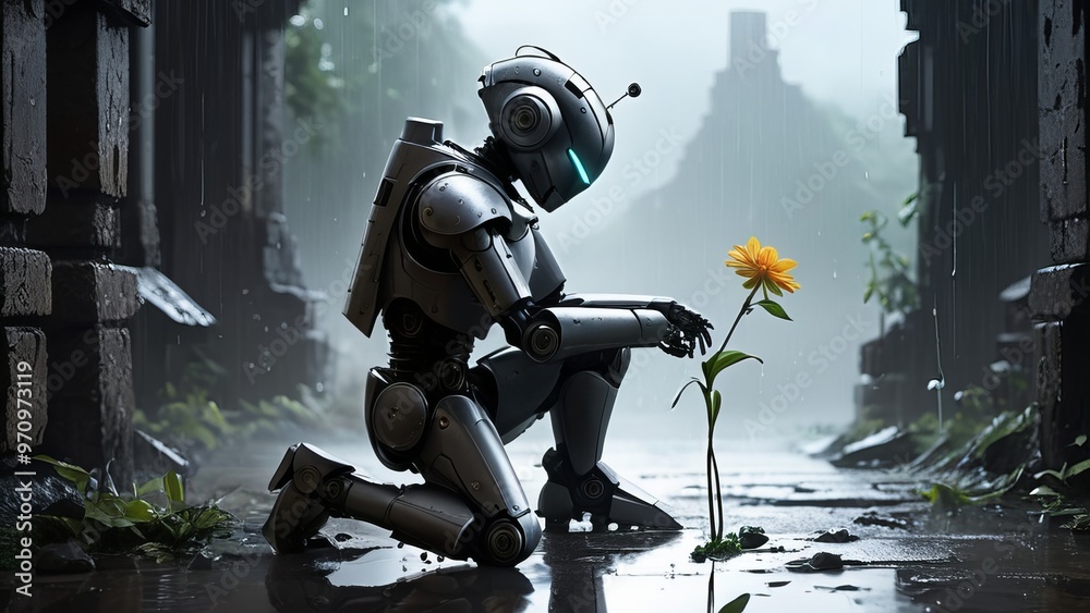 Robot keeping The Last Flower on Earth, Enviroment Care Illustration Robot keeping The Last Flower on Earth, Enviroment Care Illustration