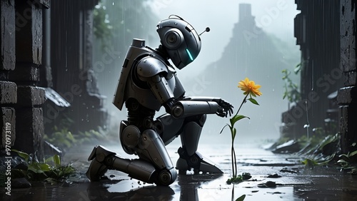 Robot keeping The Last Flower on Earth, Enviroment Care Illustration