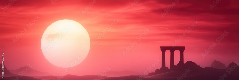 A stunning and enigmatic nighttime scenery is created when ancient ruins are illuminated by an unsettling red moon under a crimson sky. A stunning and enigmatic nighttime scenery is created when ancient ruins are illuminated by an unsettling red moon under a crimson sky.