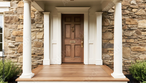 Elegant front porch with wooden door and stone facade