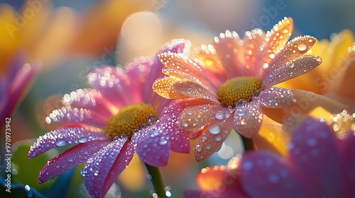 28. A close-up of dewdrops on the delicate petals of spring flowers, with the early morning light illuminating the tiny details and enhancing the fresh, vibrant colors