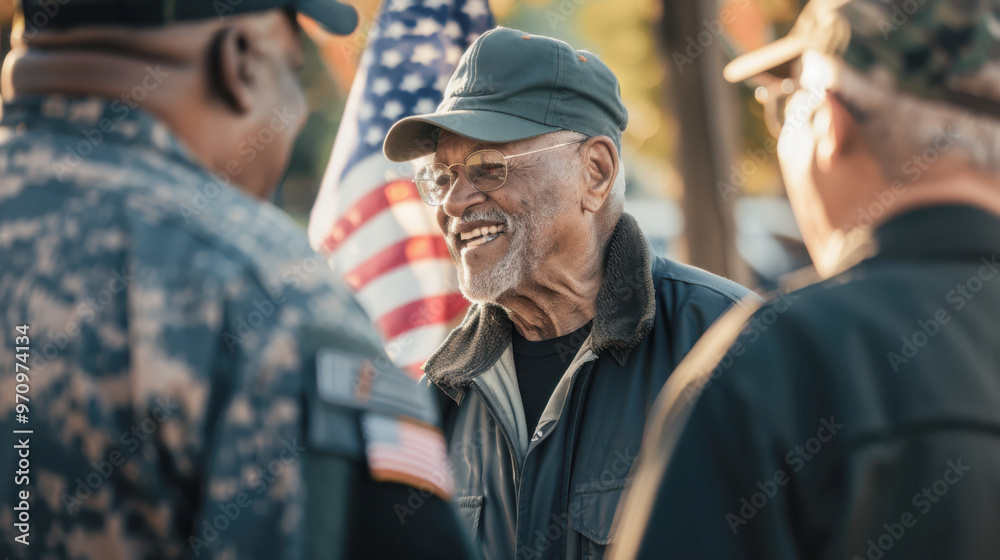 Veteran smiling while talking to fellow servicemen at a Veterans Day event with an American flag in the background Veteran smiling while talking to fellow servicemen at a Veterans Day event with an American flag in the background