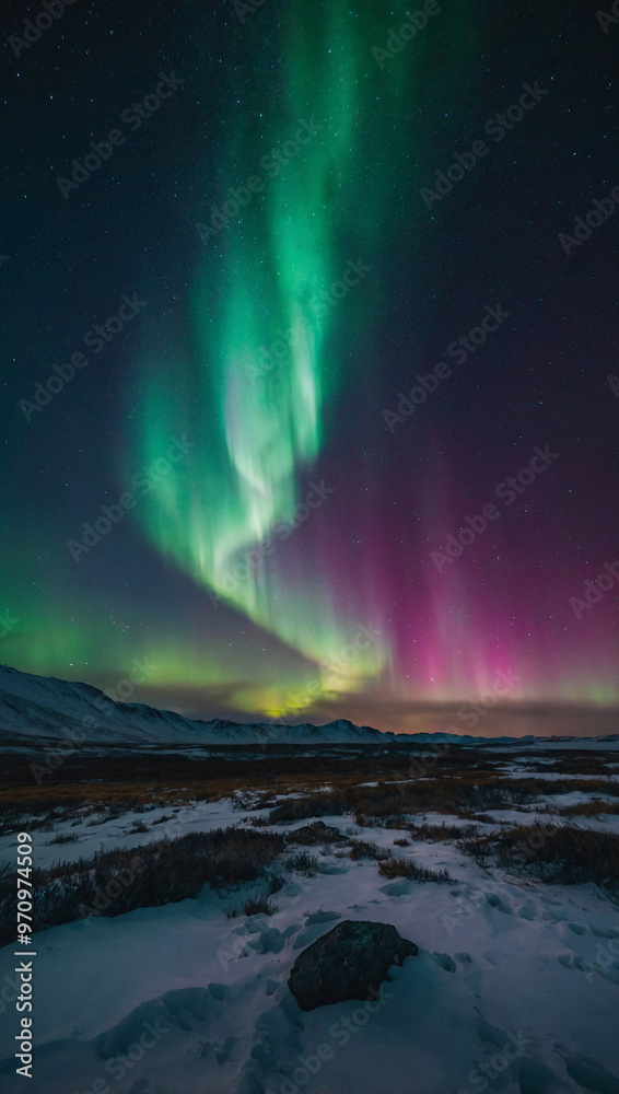A cosmic, starry sky blending into vibrant northern light A cosmic, starry sky blending into vibrant northern light