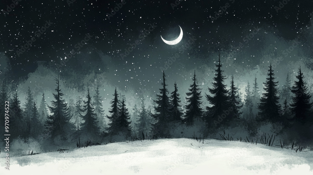 A dark pine forest stands against a snowy field, with a starry night sky and a crescent moon above. The scene is painted in the traditional Japanese style of sumi-e, using ink and brush. A dark pine forest stands against a snowy field, with a starry night sky and a crescent moon above. The scene is painted in the traditional Japanese style of sumi-e, using ink and brush.