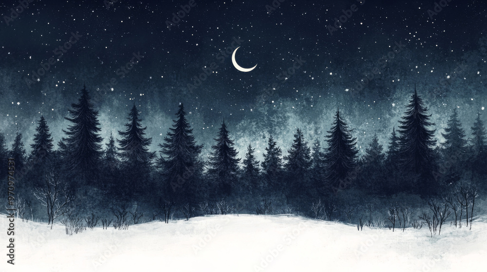 Fototapeta premium A dark pine forest stands against a snowy field, with a starry night sky and a crescent moon above. The scene is painted in the traditional Japanese style of sumi-e, using ink and brush.
