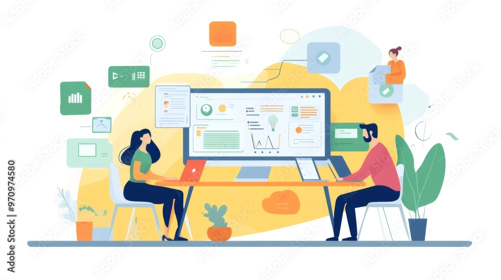 Two colleagues work on laptops in a bright office space, analyzing data on a large monitor with charts and graphs. Two colleagues work on laptops in a bright office space, analyzing data on a large monitor with charts and graphs.