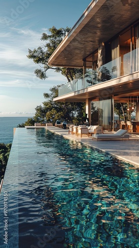 A stunning contemporary house with a sleek infinity pool offering expansive ocean views, surrounded by lush greenery and modern architectural design elements. photo