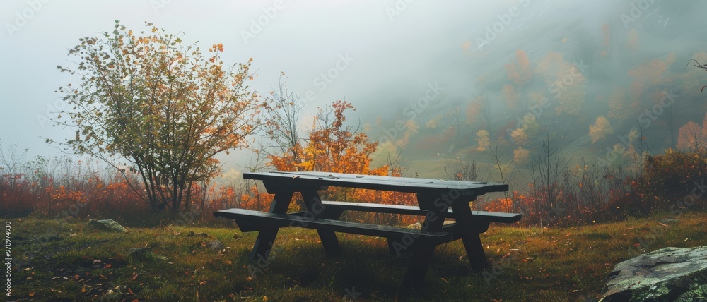Obraz premium A wooden picnic table amidst a foggy autumn landscape, surrounded by colorful foliage and distant rolling hills.