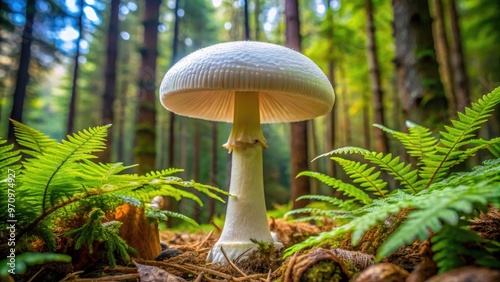 A large, rounded white mushroom with a delicate stem and intricate gills grows solitary in a lush green forest, surrounded by ferns and fallen leaves. photo