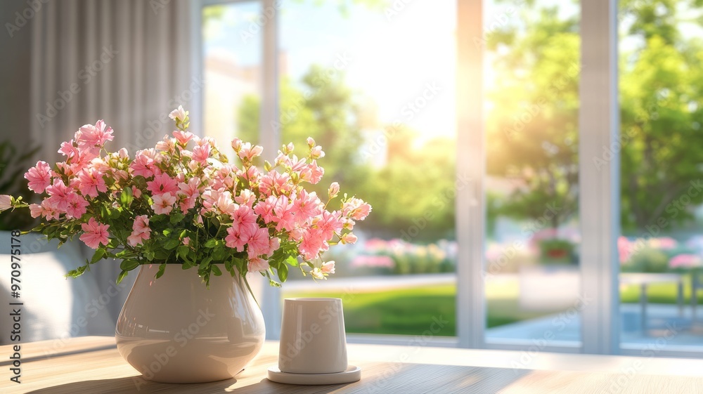 Pink Flowers in a Vase on a Table by a Window Pink Flowers in a Vase on a Table by a Window