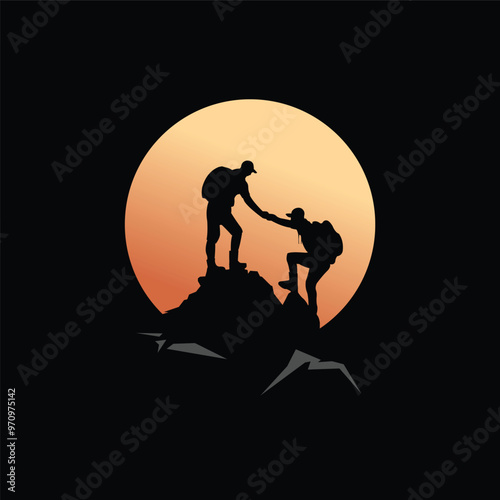 silhouette vector illustration of two climbers holding each other's hands tightly on a rock cliff with a sunset background
