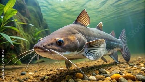 A large whiskered channel catfish swims near the surface of a murky freshwater lake or river, its sleek grey and brown body almost camouflaged. photo