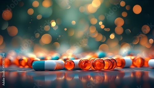 Elegant digital artwork of a focused pill against a blurred, bokeh-infused background showcasing beauty and isolation photo