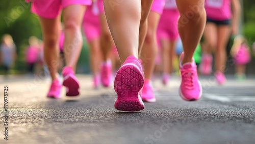 A group of women in pink running shoes and capri pants doing the brisk walk for cancer, a close-up shot focusing on their feet wearing bright sneakers as they make their way down an outdoor road durin
