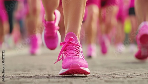 A group of women in pink running shoes and capri pants doing the brisk walk for cancer, a close-up shot focusing on their feet wearing bright sneakers as they make their way down an outdoor road durin