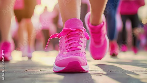 A group of women in pink running shoes and capri pants doing the brisk walk for cancer, a close-up shot focusing on their feet wearing bright sneakers as they make their way down an outdoor road durin