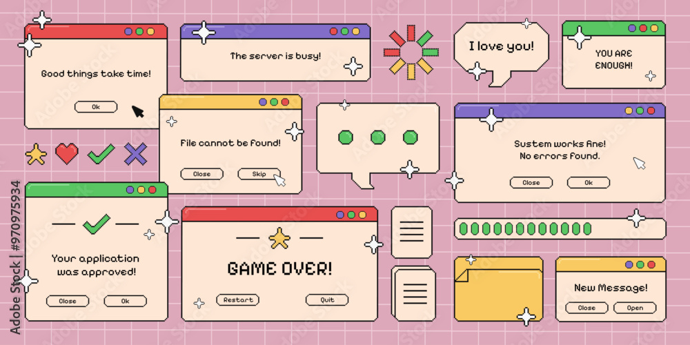 Retro pixel computer screens, set of vintage opened pc windows, user interface with short phrases and items on the grid pattern. Vector illustration.