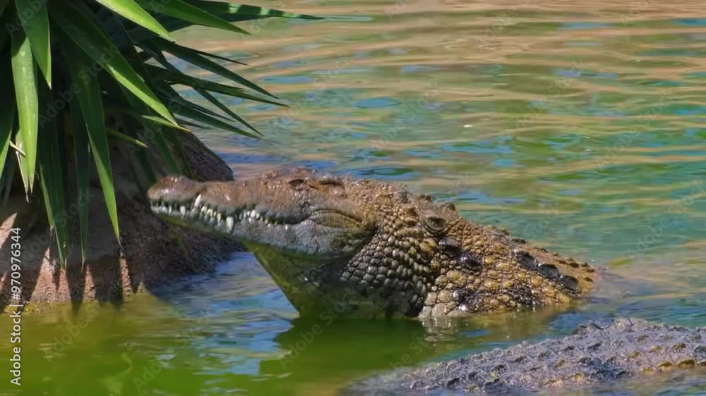 A crocodile is on the river bank looking for prey A crocodile is on the river bank looking for prey