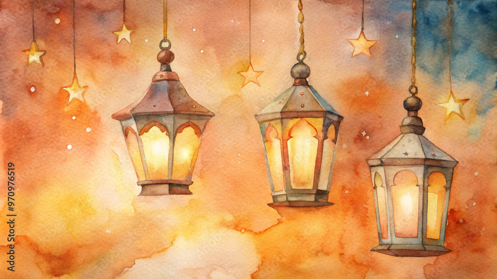 Watercolor hanging lanterns and stars against a warm sunset background
Watercolor hanging lanterns and stars against a warm sunset background