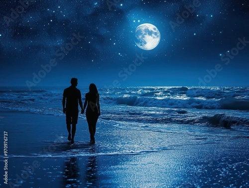 romantic moonlit beach stroll couples silhouettes starry night sky gentle waves photo