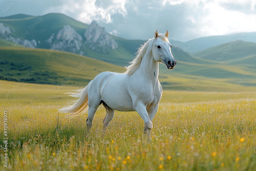 White Horse Running Through Green Meadow with Mountain in Background White Horse Running Through Green Meadow with Mountain in Background