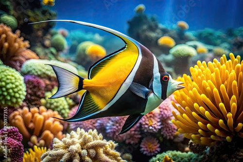 A majestic black Moorish idol fish with vibrant yellow and white highlights swims in a colorful coral reef, its long dorsal fin flowing behind. photo