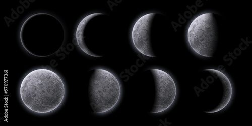 Crescent moon phases at night sky. Realistic 3d vector sequence frame shows the moon satellite varying shapes from eclipse, waning and waxing, to full moon. Natural lunar celestial astronomical cycle