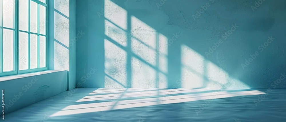 Sunlight streams through large windows, creating geometric shadows on a light blue wall in an empty room, highlighting minimalist beauty. Sunlight streams through large windows, creating geometric shadows on a light blue wall in an empty room, highlighting minimalist beauty.