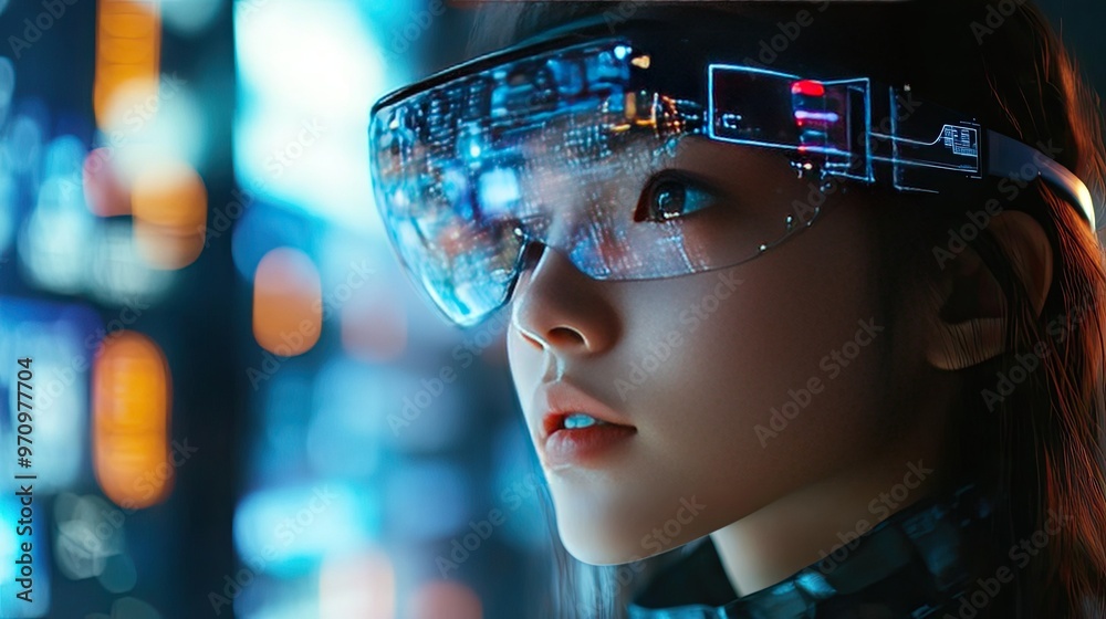 A person in augmented reality AR glasses interacting with virtual objects layered over the real world A person in augmented reality AR glasses interacting with virtual objects layered over the real world