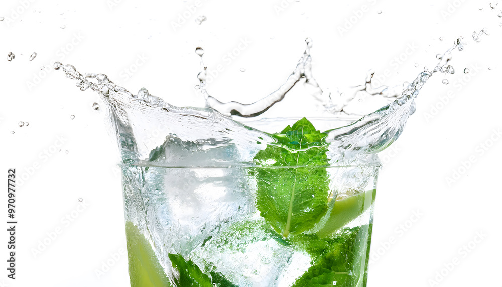 Mojito drink with splash and ice cubes, isolated on white; high resolution image close up of soda water bubbles splashing Mojito drink with splash and ice cubes, isolated on white; high resolution image close up of soda water bubbles splashing