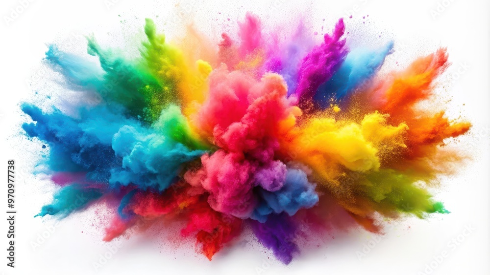 Colorful powder paint exploding in vibrant cloud on white background, powder, paint, explosion, vibrant, colorful, cloud Colorful powder paint exploding in vibrant cloud on white background, powder, paint, explosion, vibrant, colorful, cloud