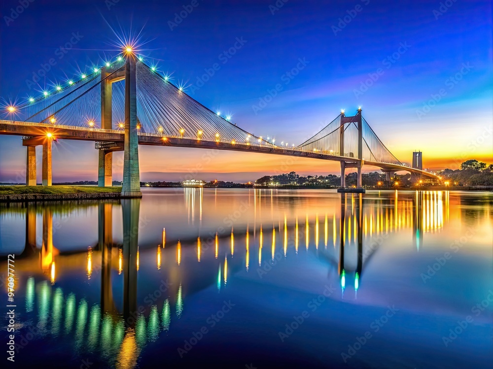 A majestic cable-stayed bridge spans the tranquil St. Johns River, its sleek design and twinkling city lights reflected perfectly in the calm evening water. A majestic cable-stayed bridge spans the tranquil St. Johns River, its sleek design and twinkling city lights reflected perfectly in the calm evening water.