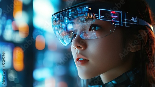 A person in augmented reality AR glasses interacting with virtual objects layered over the real world