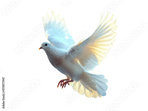 Realistic white dove image on transparent background. Ai generated.