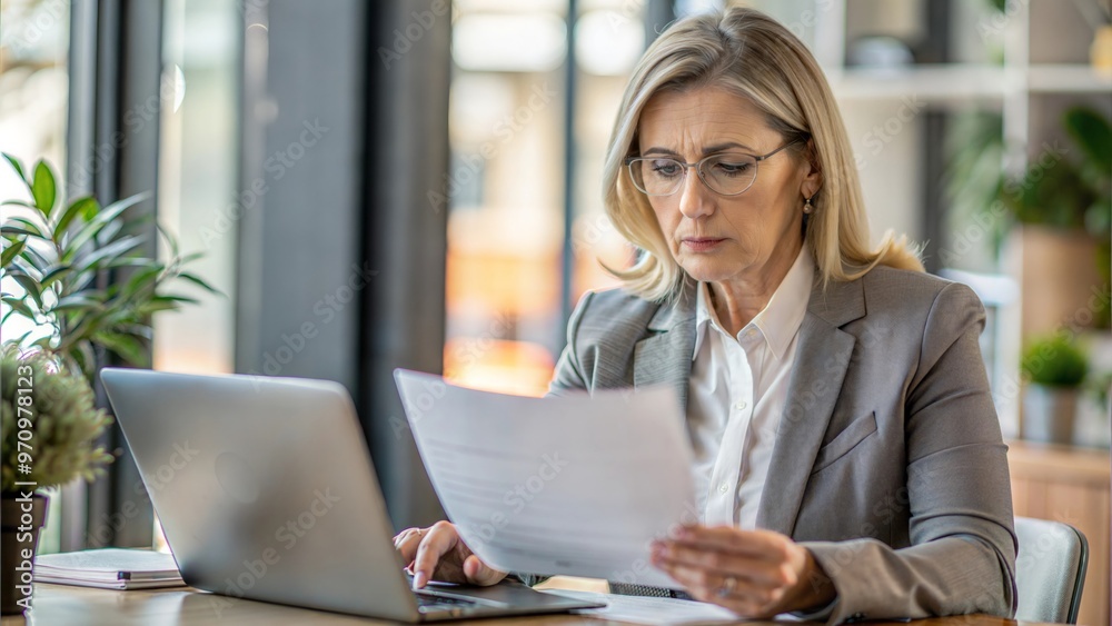 Busy professional mature business woman reading bad news in document at work. Worried serious middle aged businesswoman entrepreneur looking at paper bill sitting at desk in office Busy professional mature business woman reading bad news in document at work. Worried serious middle aged businesswoman entrepreneur looking at paper bill sitting at desk in office
