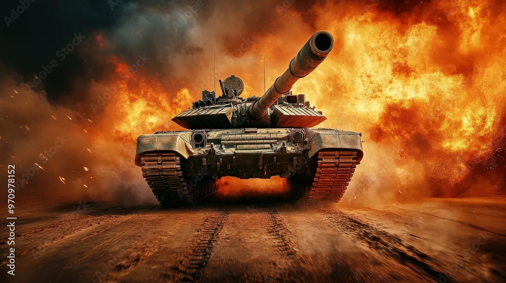 A tank is driving through a desert with a lot of fire and smoke A tank is driving through a desert with a lot of fire and smoke
