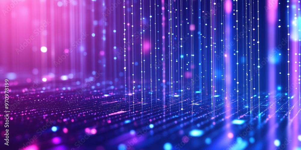 Purple and blue gradient lights arranged in vertical lines with glowing dots, creating an abstract futuristic tech-inspired background with vivid lighting effects.