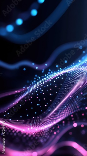 Futuristic particle waves in pink and blue, representing signal transmission on a dark backdrop