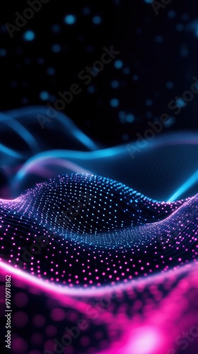 Futuristic particle waves in pink and blue, representing signal transmission on a dark backdrop