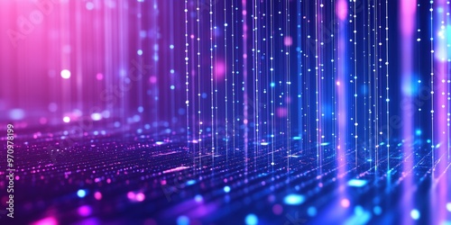 Purple and blue gradient lights arranged in vertical lines with glowing dots, creating an abstract futuristic tech-inspired background with vivid lighting effects. photo